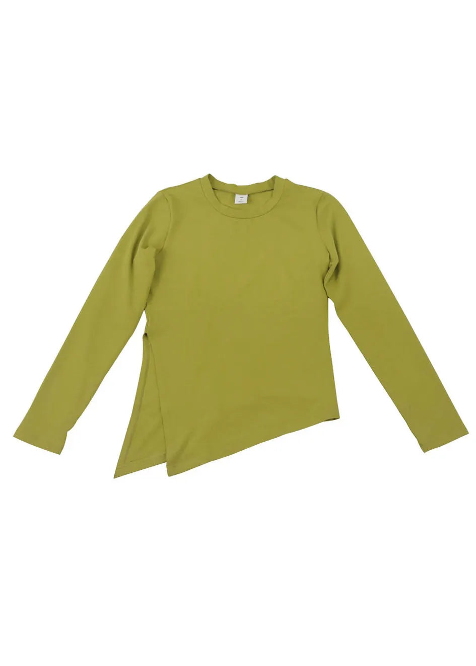 Slim Fit Green Color O-neck Asymmetrical Design Cotton Top Long Sleeve