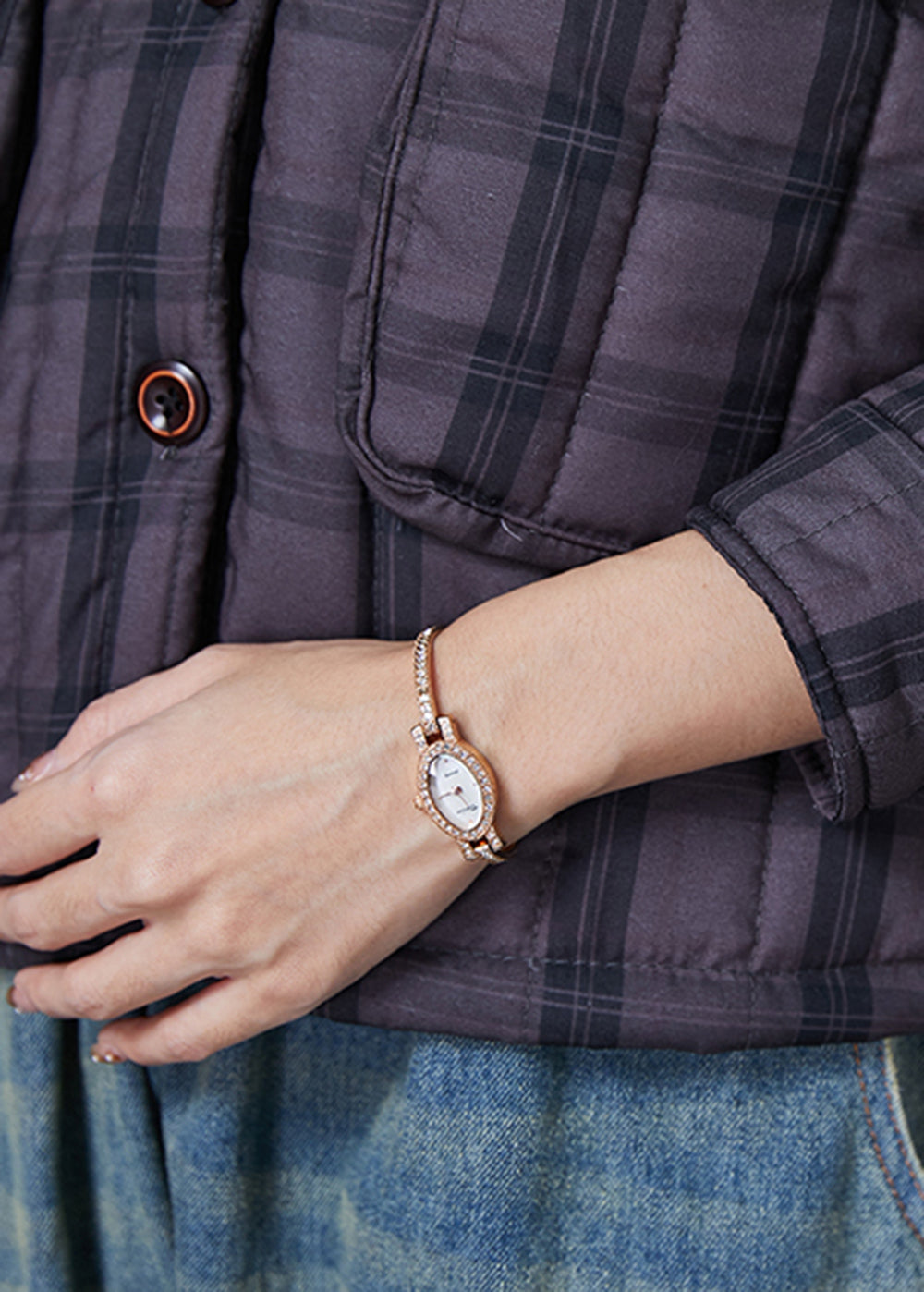 Handmade Purple Plaid Pockets Fine Cotton Filled Witner Coats