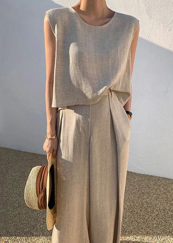Boutique Khaki O-neck T Shirt and Wide Leg Pants Two Pieces Set Sleeveless Summer