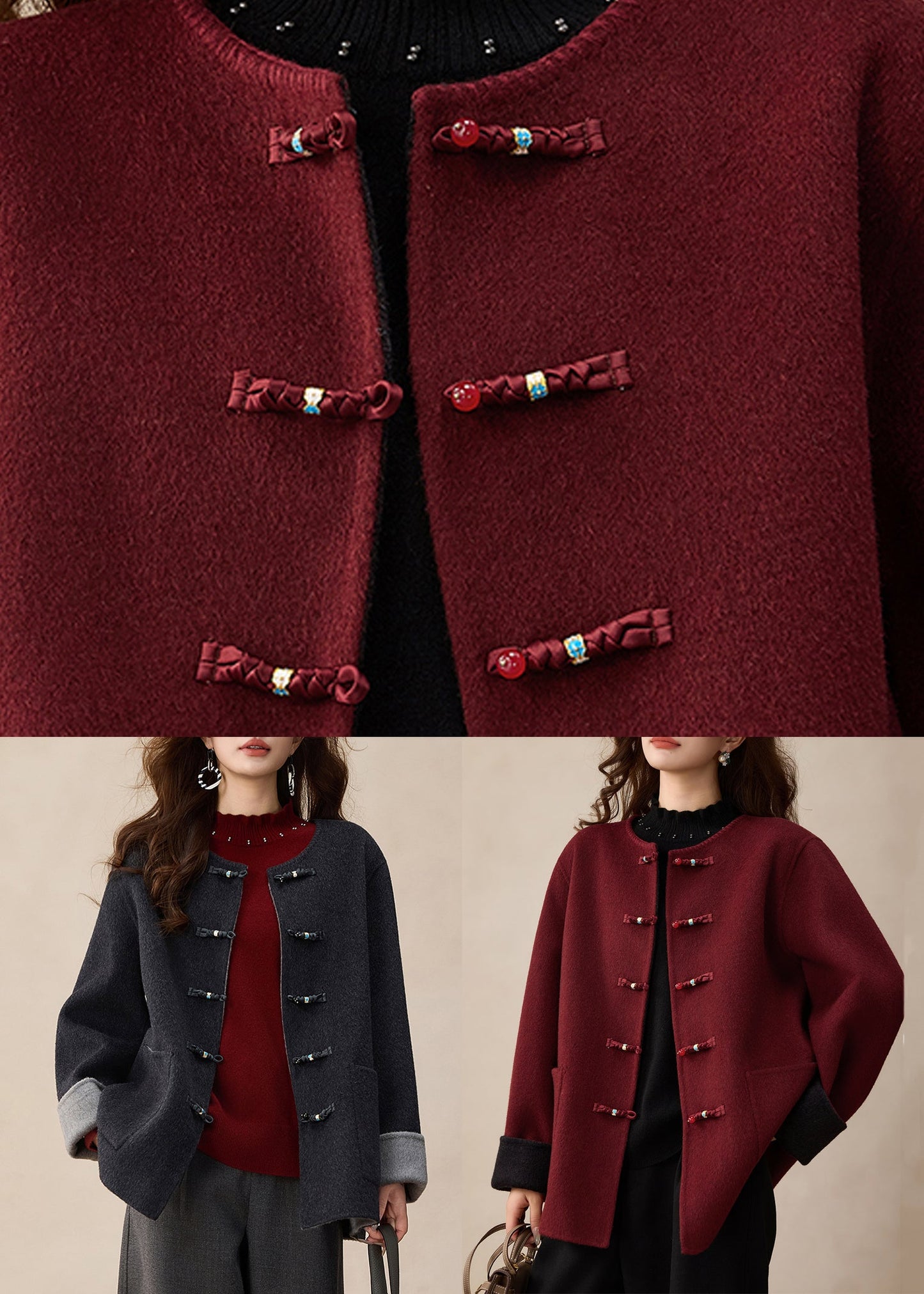 Dark Grey O-neck Button Woolen Coats Spring