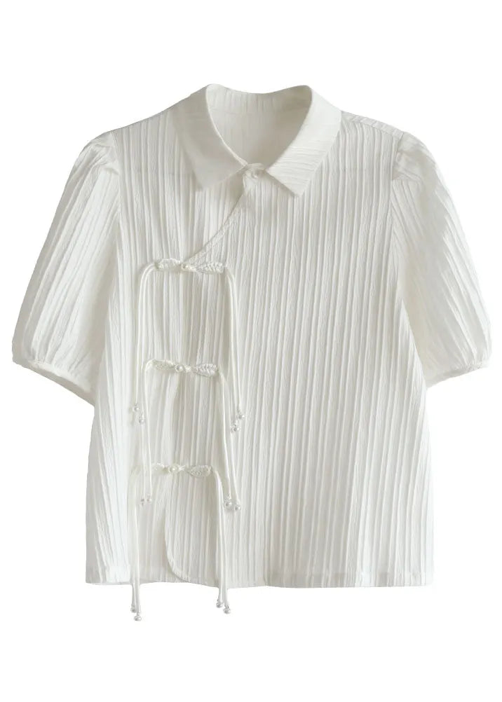 Original Design White Peter Pan Collar Wrinkled Oriental Button Chiffon Top Short Sleeve