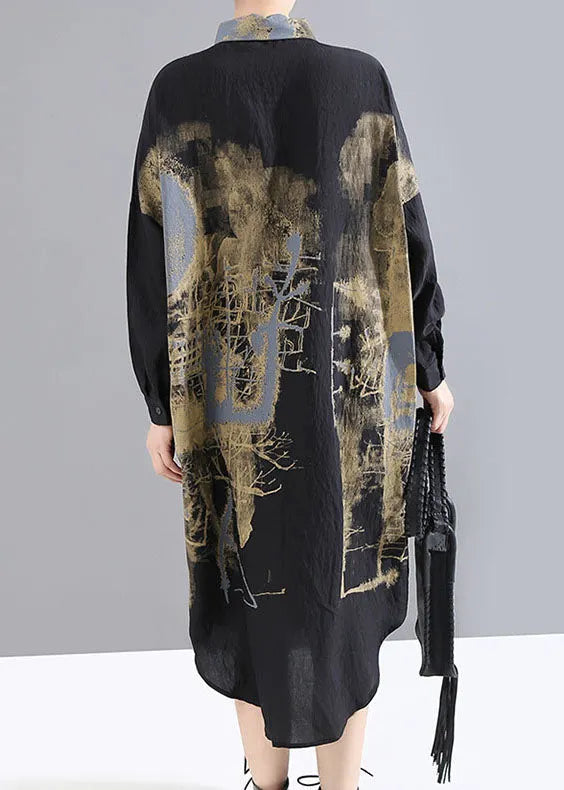 Handmade Black Low High Design Peter Pan Collar Print Shirt Dress Spring