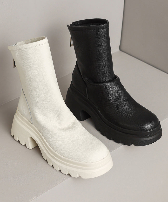 White Cowhide Leather Splicing Chunky Boots