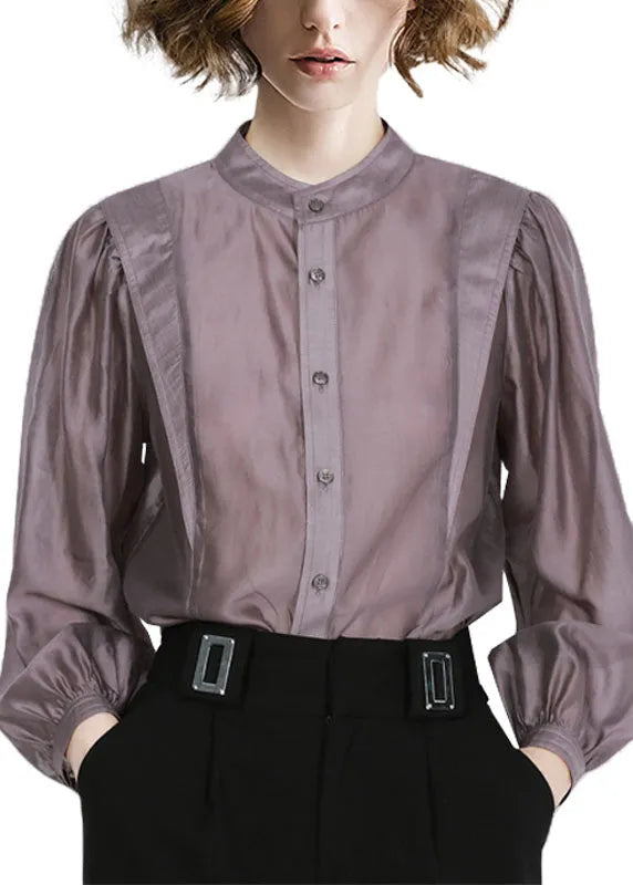 Grey Purple Peter Pan Collar Patchwork Shirt Tops Long Sleeve