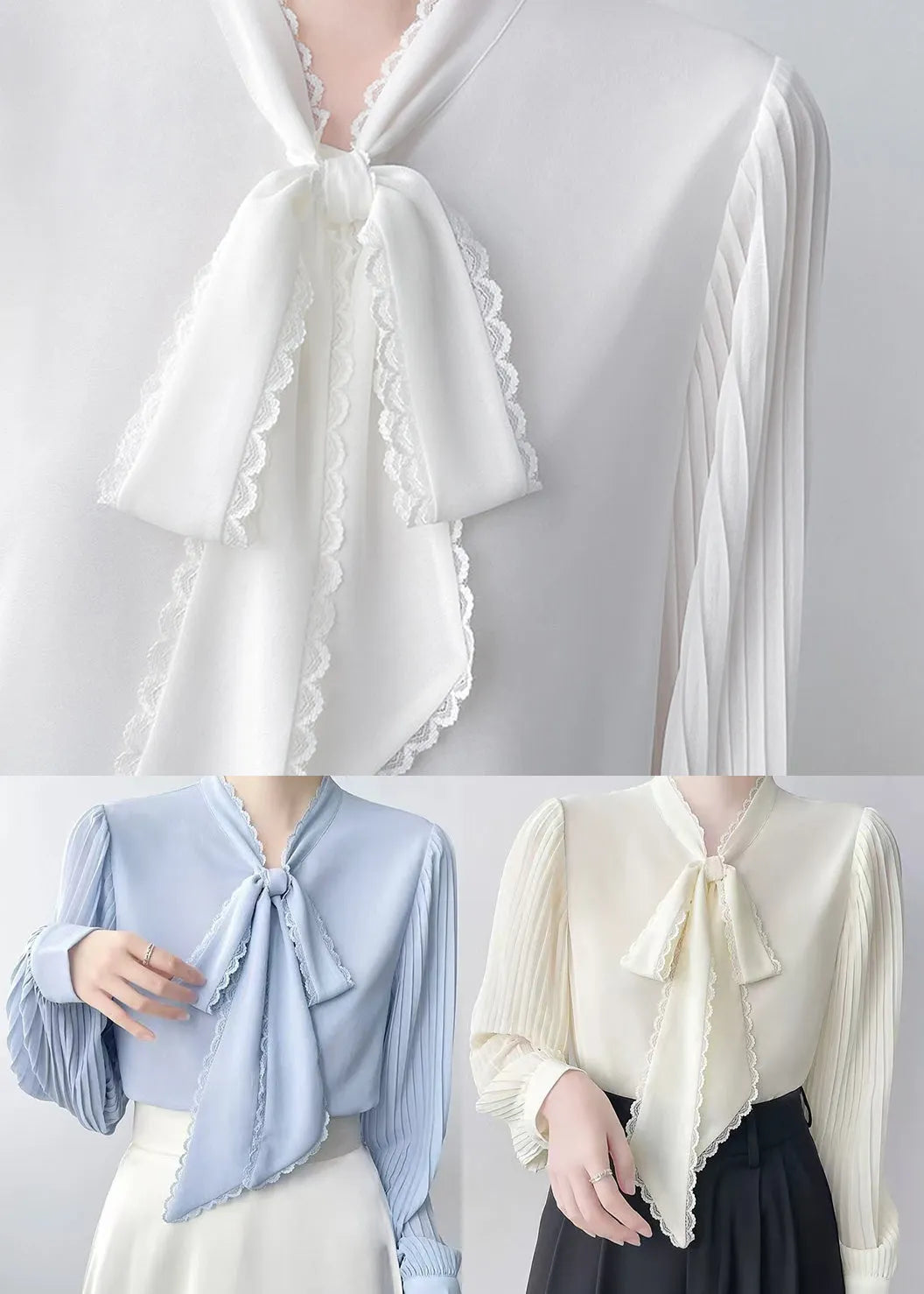 Blue Bow Draping Chiffon Pleated Shirts Spring