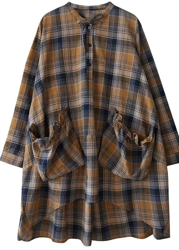 Plaid Shirts O-neck Asymmetric Clothing Spring Top