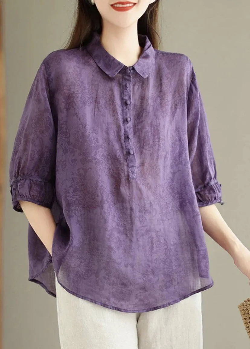 Navy Peter Pan Collar Print Cotton Shirt Top Summer