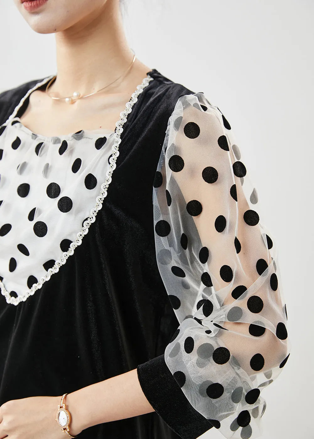 Black Dot Patchwork Velour Fake Two Piece Shirts Spring