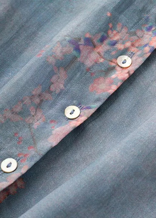 French Grey Blue Print Button Linen Shirt Top Long Sleeve