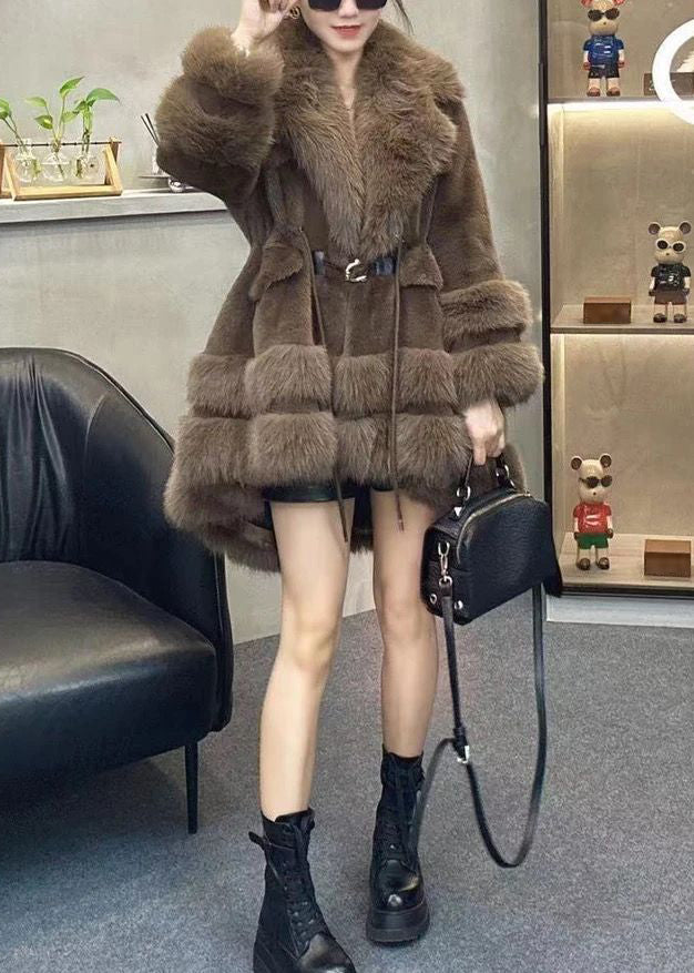 Leopard Fur Collar Drawstring Patchwork Faux Leather Coats Winter