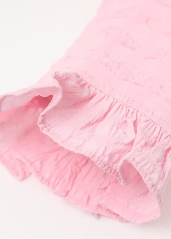 Pink Square Collar Ruffled Print Tulle Shirts Long Sleeve