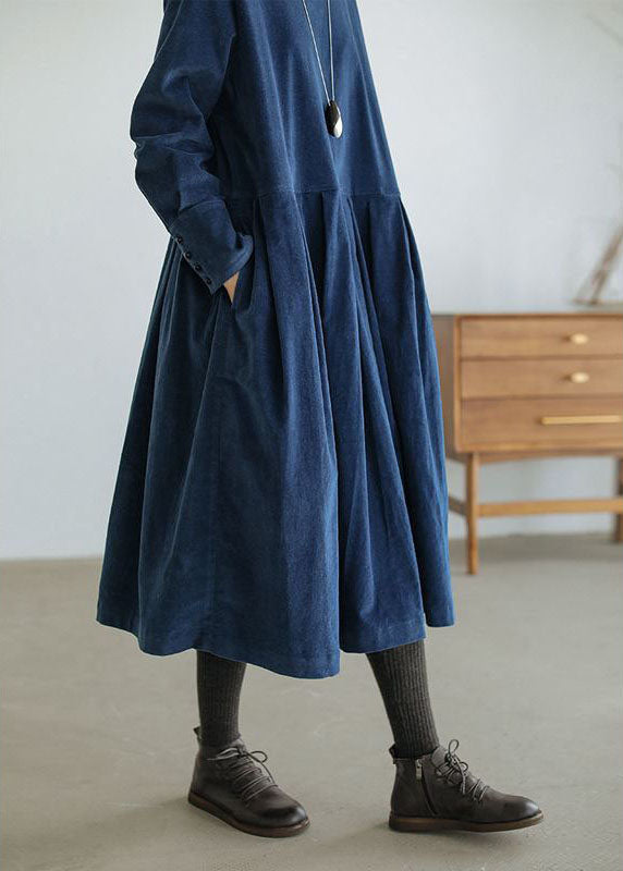 French Blue Corduroy Dress Pockets Button Patchwork Fall Dresses