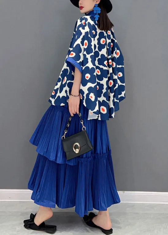 Italian Blue Peter Pan Collar Ruffled Patchwork Print Chiffon Shirts and Skirts Two Pieces Short Sleeve