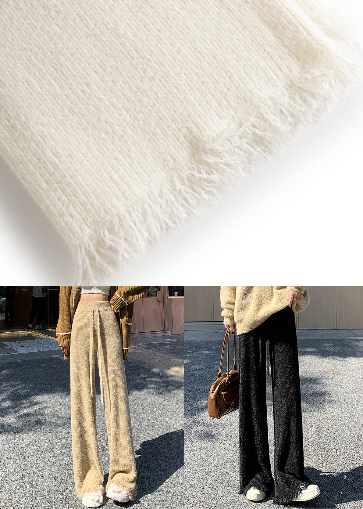 Black Raw Edge High Waist Mink Hair Knitted Pants