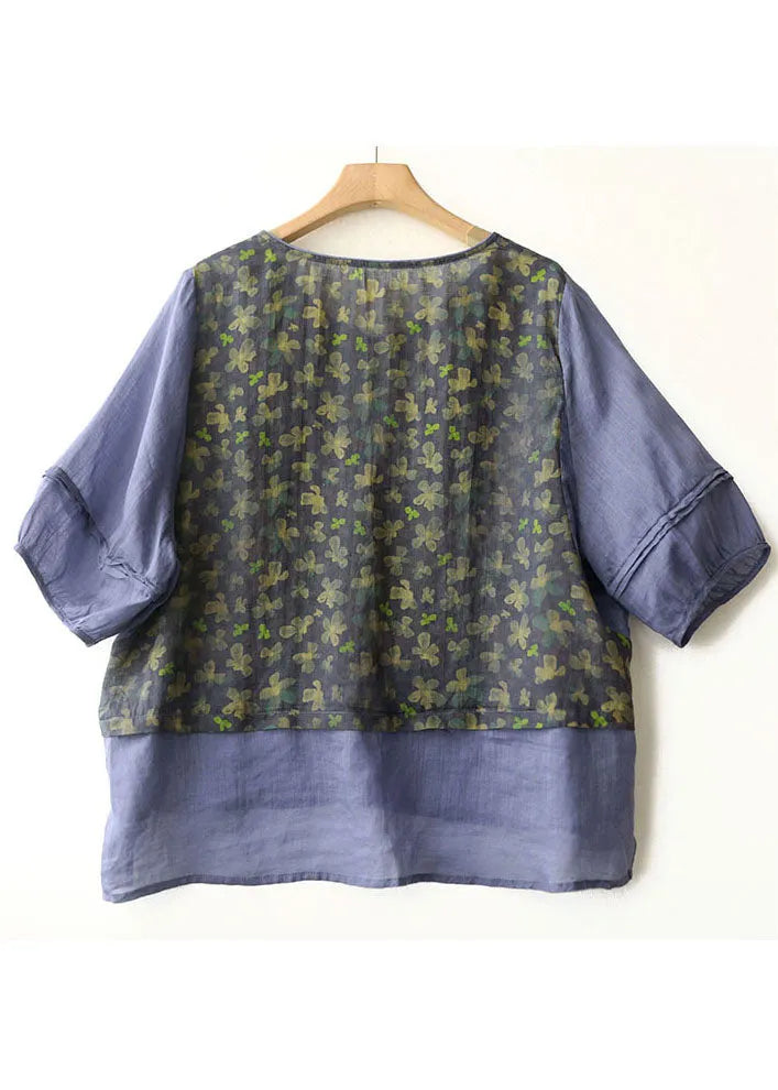 Purple V Neck Print Patchwork Linen Fake Two Piece Top Bracelet Sleeve
