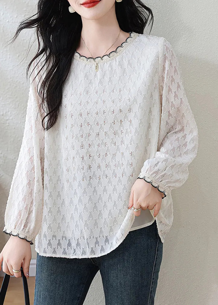 Modern White O-neck Jacquard Lace Top Fall
