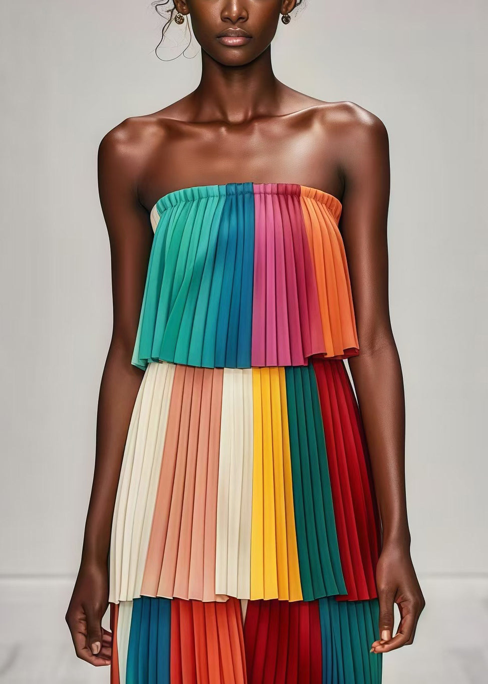 Multicolor Layered Wrinkled Chiffon Strapless Dress Summer