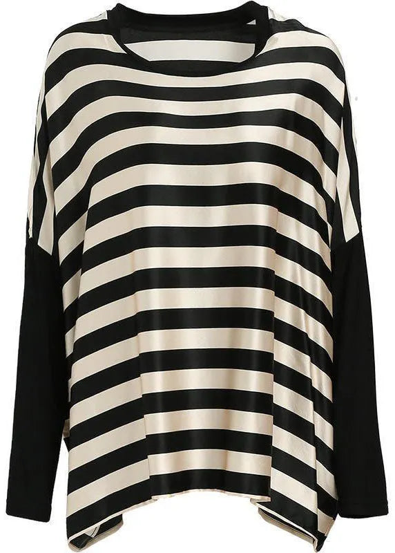 Black Striped O-neck Oversized Patchwork Silk Tops Batwing Sleeve