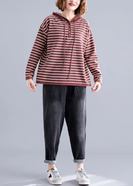 Red Hooded Striped Cotton Loose Sweatshirts Top Spring