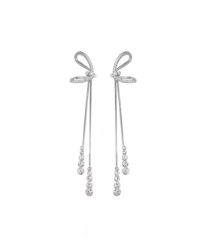 Stylish Sterling Silver Bow Tassel Drop Earrings