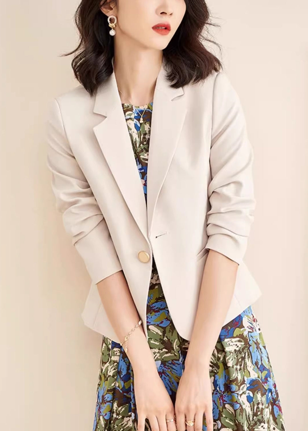 French Beige Notched Button Coat Fall