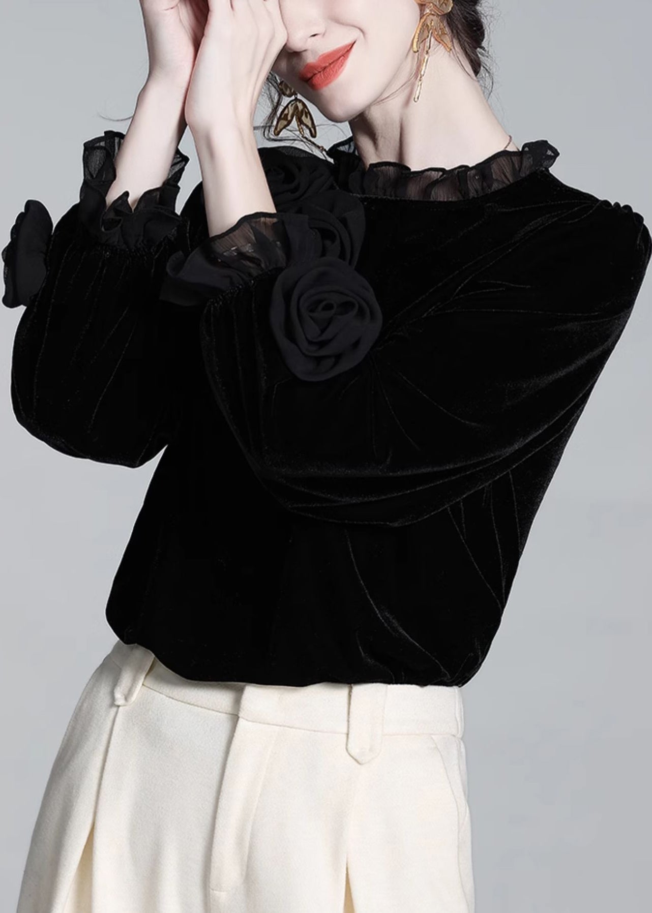 Black Ruffled Silk Velour T Shirt Winter