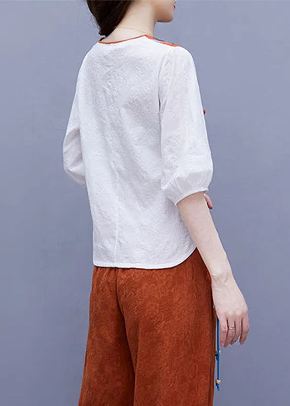 Handmade White V Neck Embroideried Button Top Half Sleeve