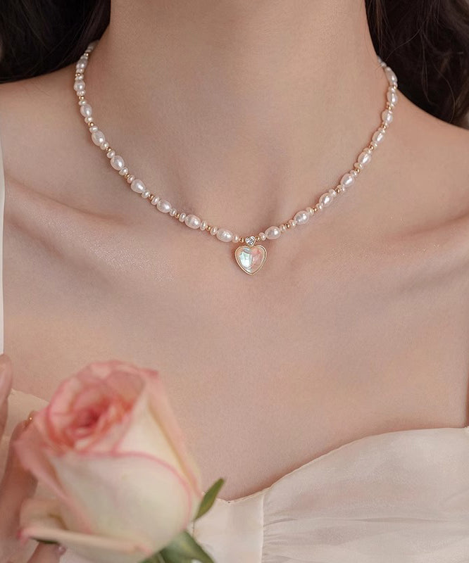 Gold Sterling Silver Overgild Crystal Love Pearl Pendant Necklace