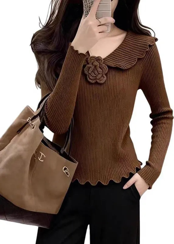 Coffee Peter Pan Collar Cotton Knit Sweater Spring