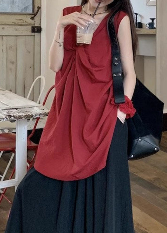 Red V Neck Wrinkled Top Sleeveless