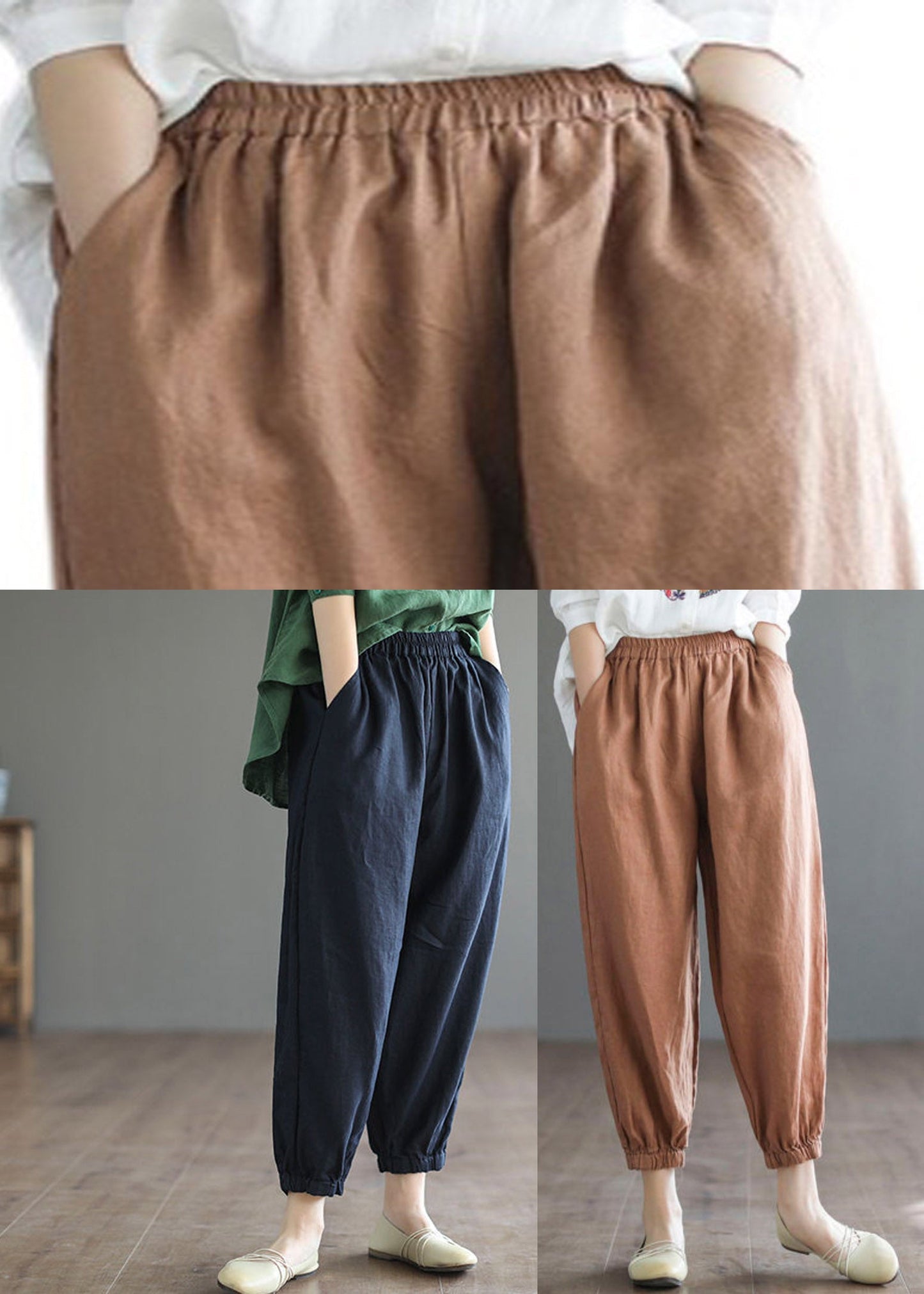 Navy Elastic Waist Harem Cotton Pants Summer