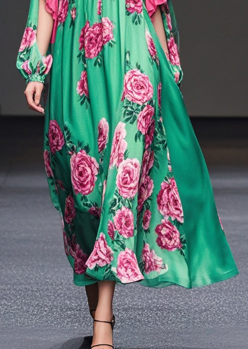 Green Print Ruffles Silk Velour Dresses Fall
