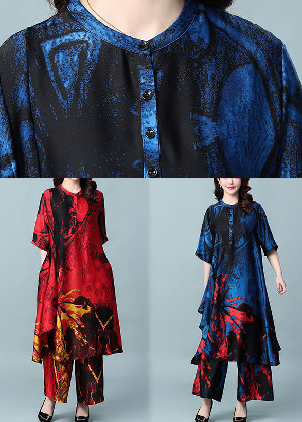 Blue Print Silk Dress and Wide Leg Pants Two Piece Set Outfits Stand Collar Button Summer