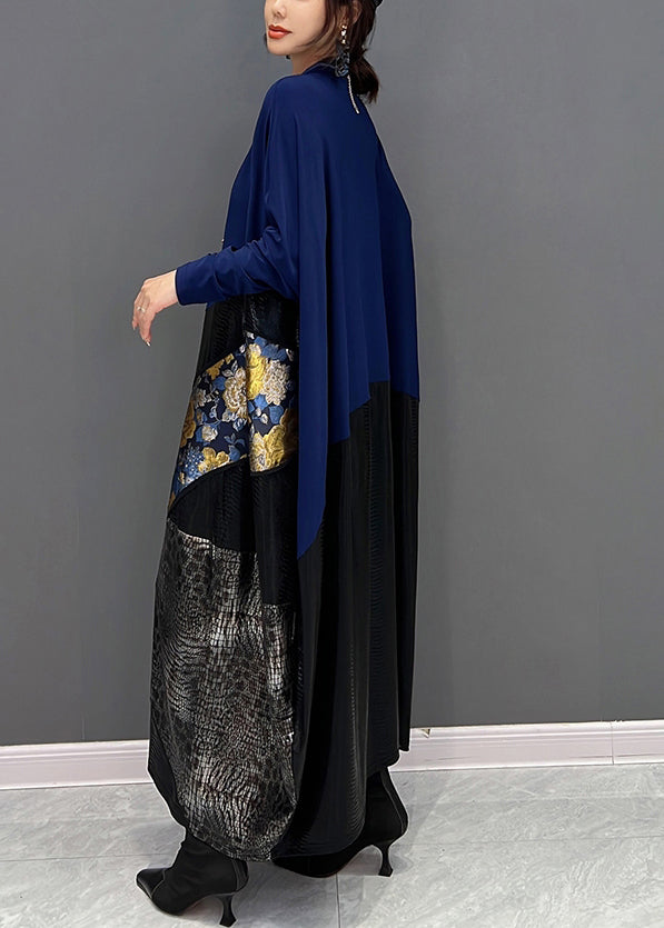 Blue O-neck Print Patchwork Button Long Dress Fall