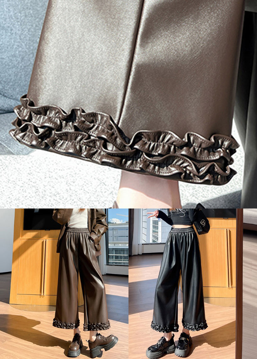Fine Coffee Ruffled Pockets Elastic Waist Faux Leather Crop Pants Spring