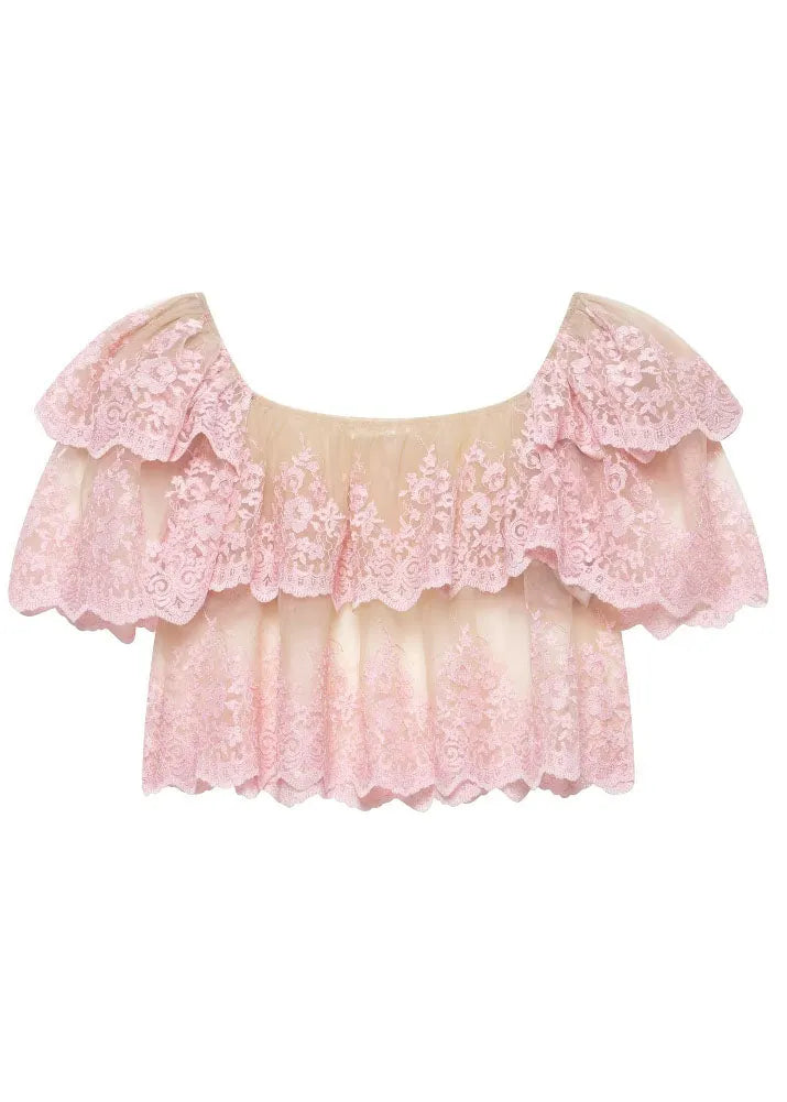 Pink Slash Neck Ruffled Embroidered Tulle Top Summer