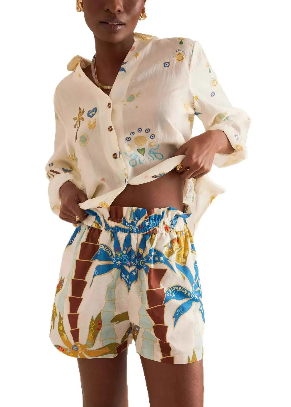 Multicolor Peter Pan Collar Print Shirts and Shorts Two Pieces Set Spring