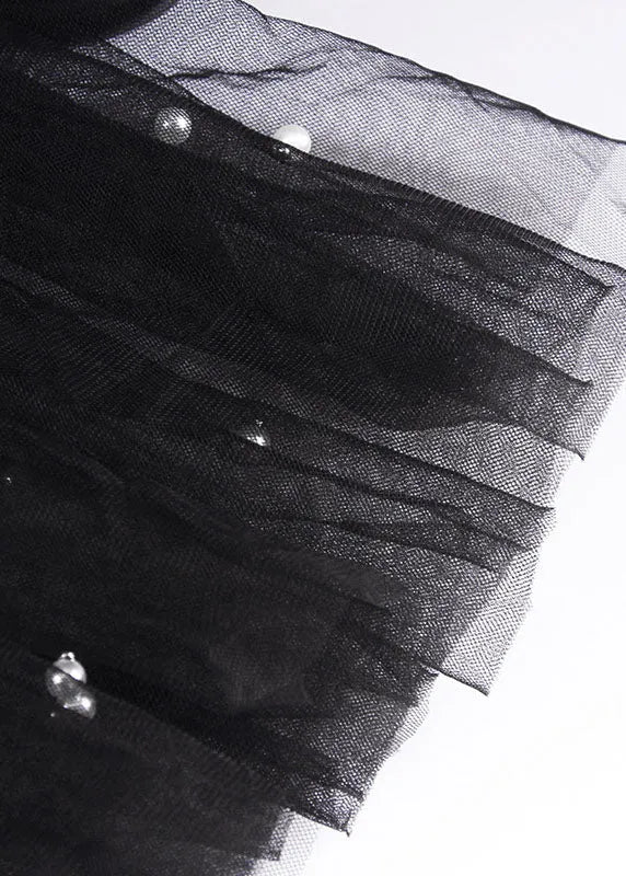 Classy Black O-neck Nail Bead Patchwork Summer Tulle Tee Short Sleeve