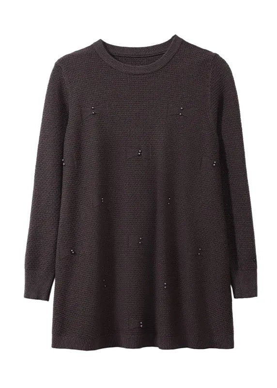 Natural Coffee O-neck Nail Bead Cotton Knit Sweaters Winter