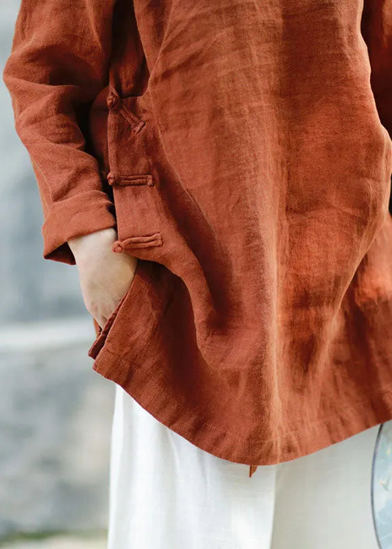 Brown Button Linen Blouses Spring