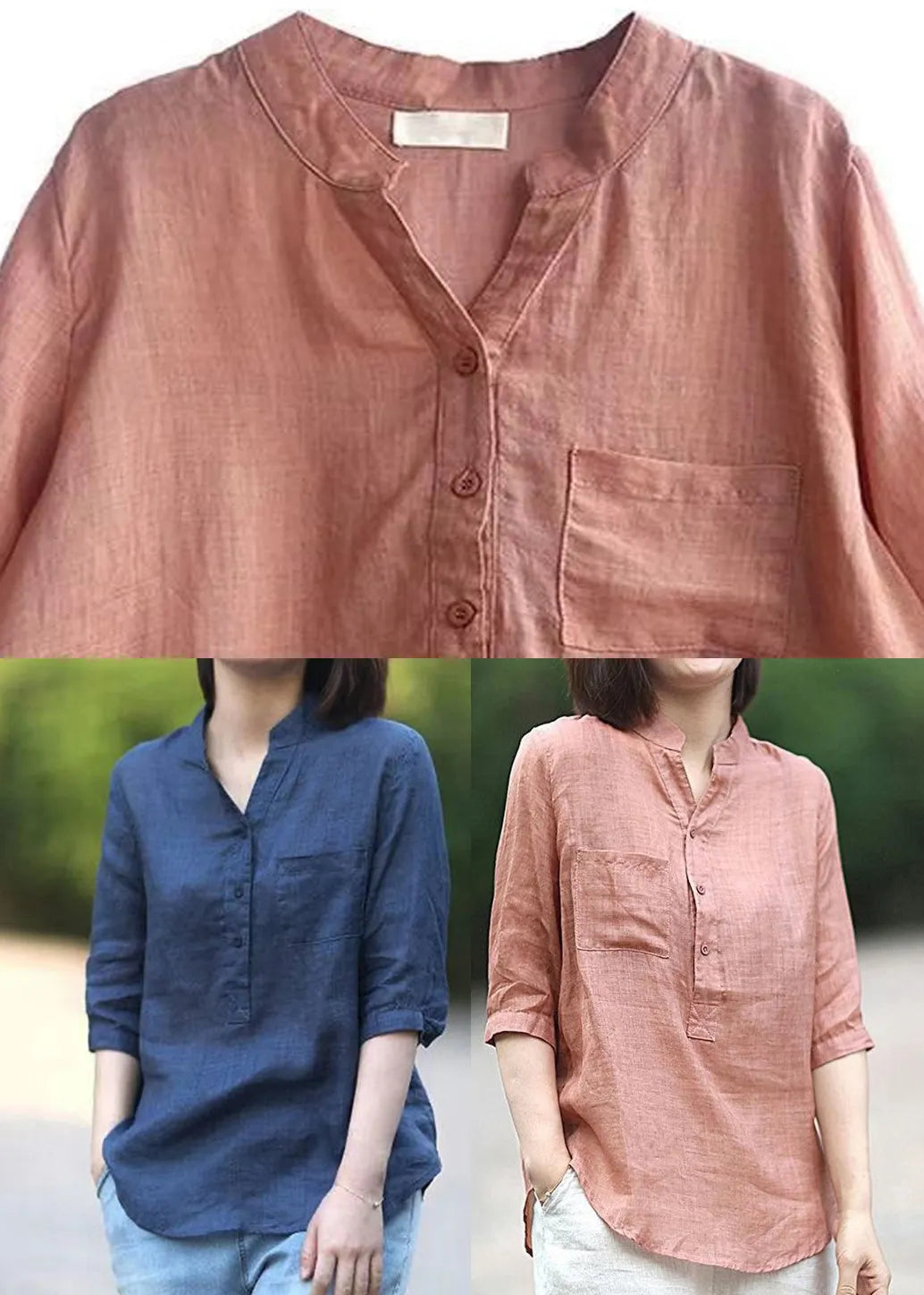 Pink Stand Collar Pockets Linen Blouses Top Half Sleeve