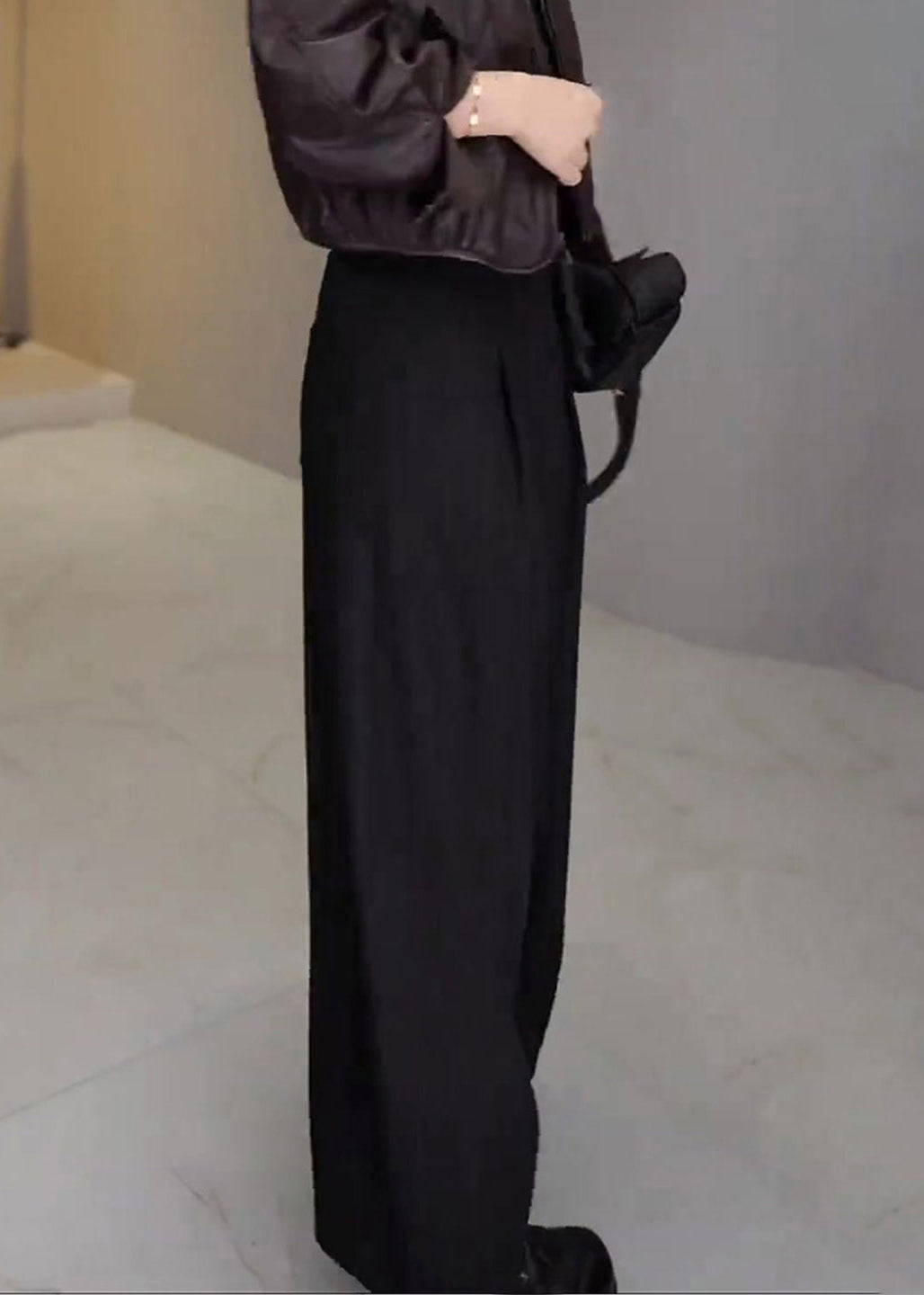 French Black Pockets High Waist Cotton Wide Leg Pants Fall