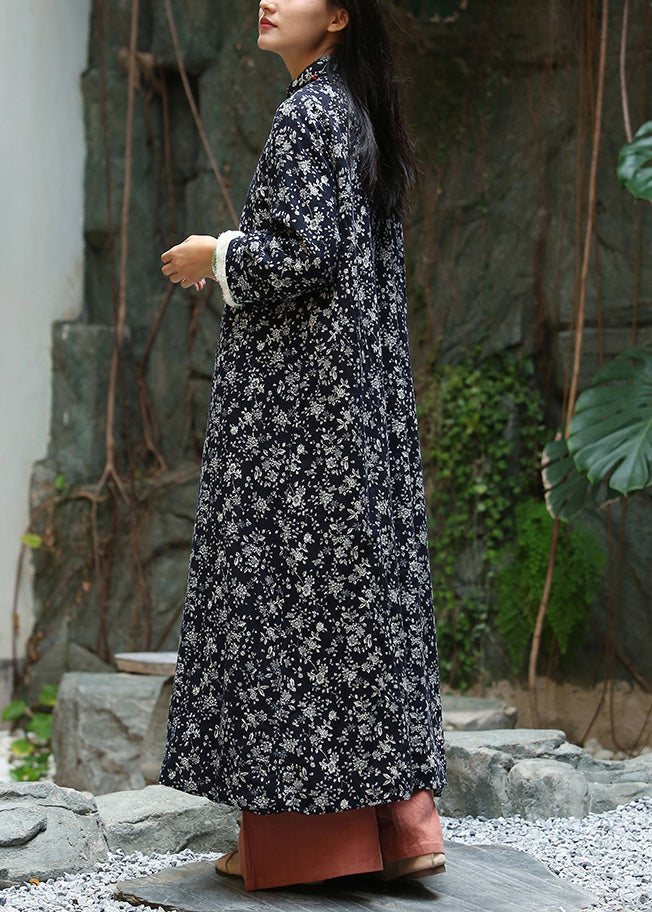 Black Print Button Patchwork Warm Fleece Maxi Dresses Winter