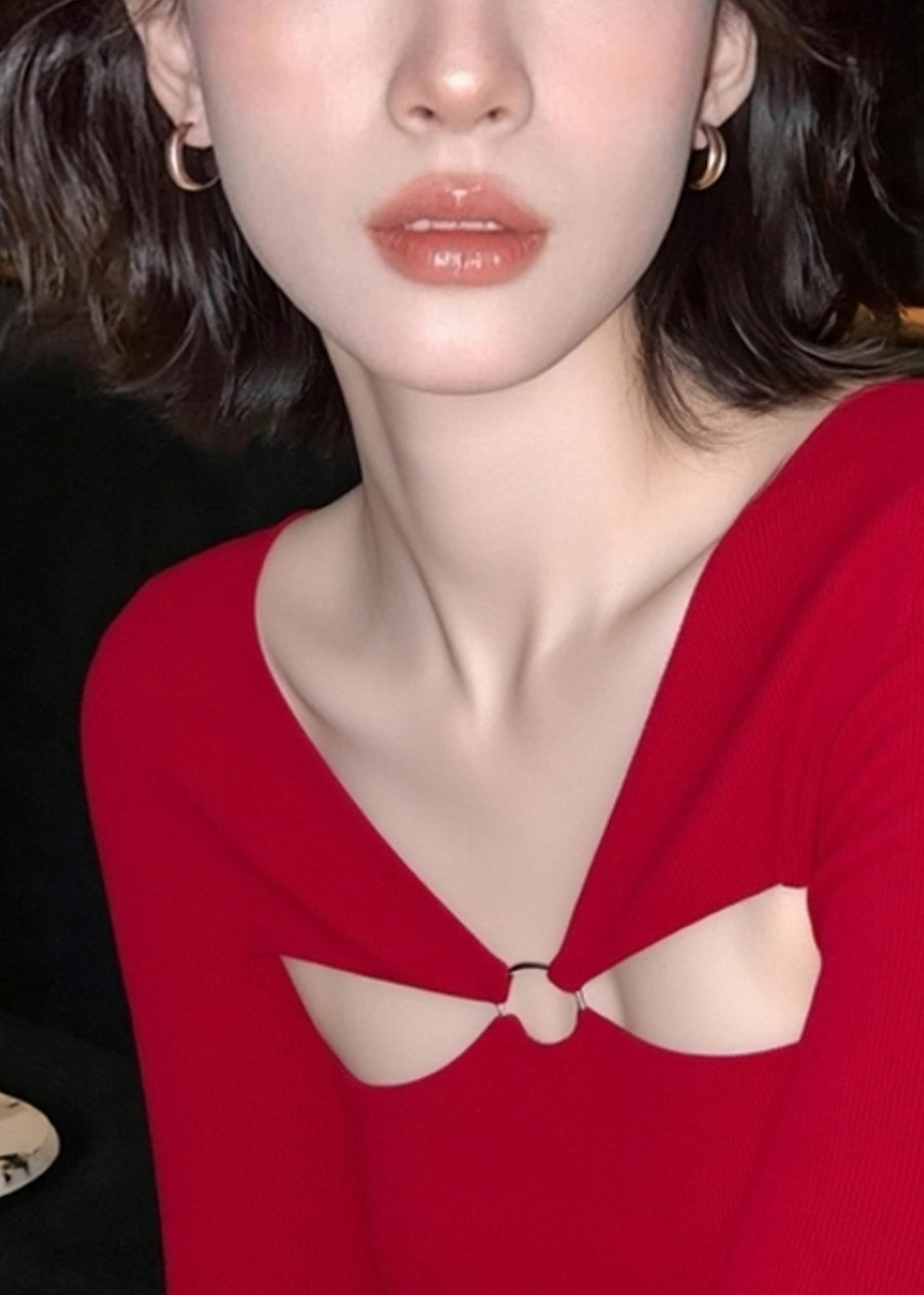 Red V Neck Patchwork Hollow Out T Shirt Fall