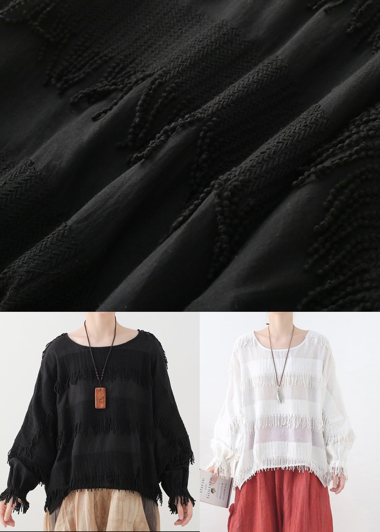 White Cotton Pullover Tops Tassel Side Open Lantern Sleeve