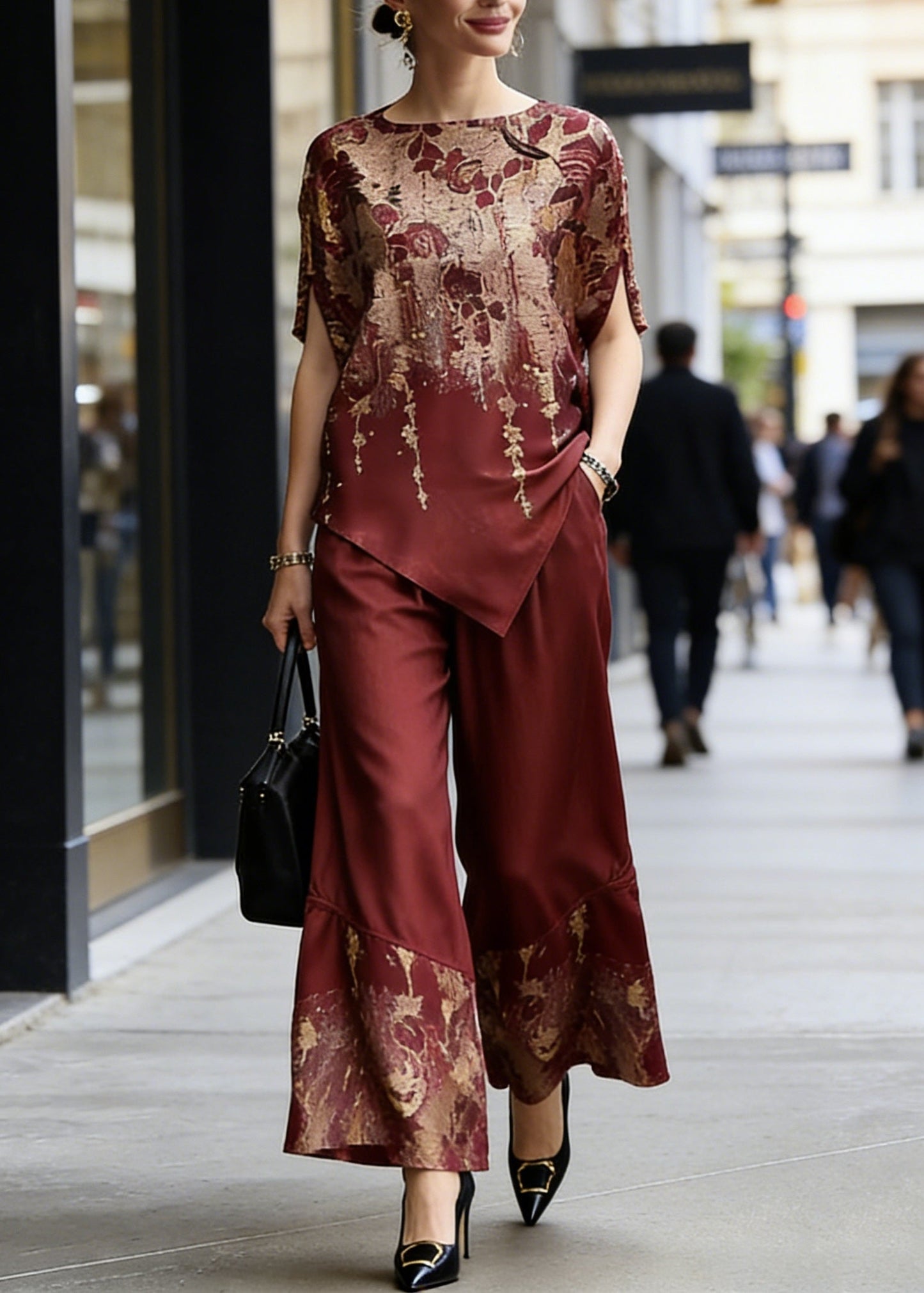 Classy Red O-neck Print Asymmetrical Silk Two Pieces Set Summer