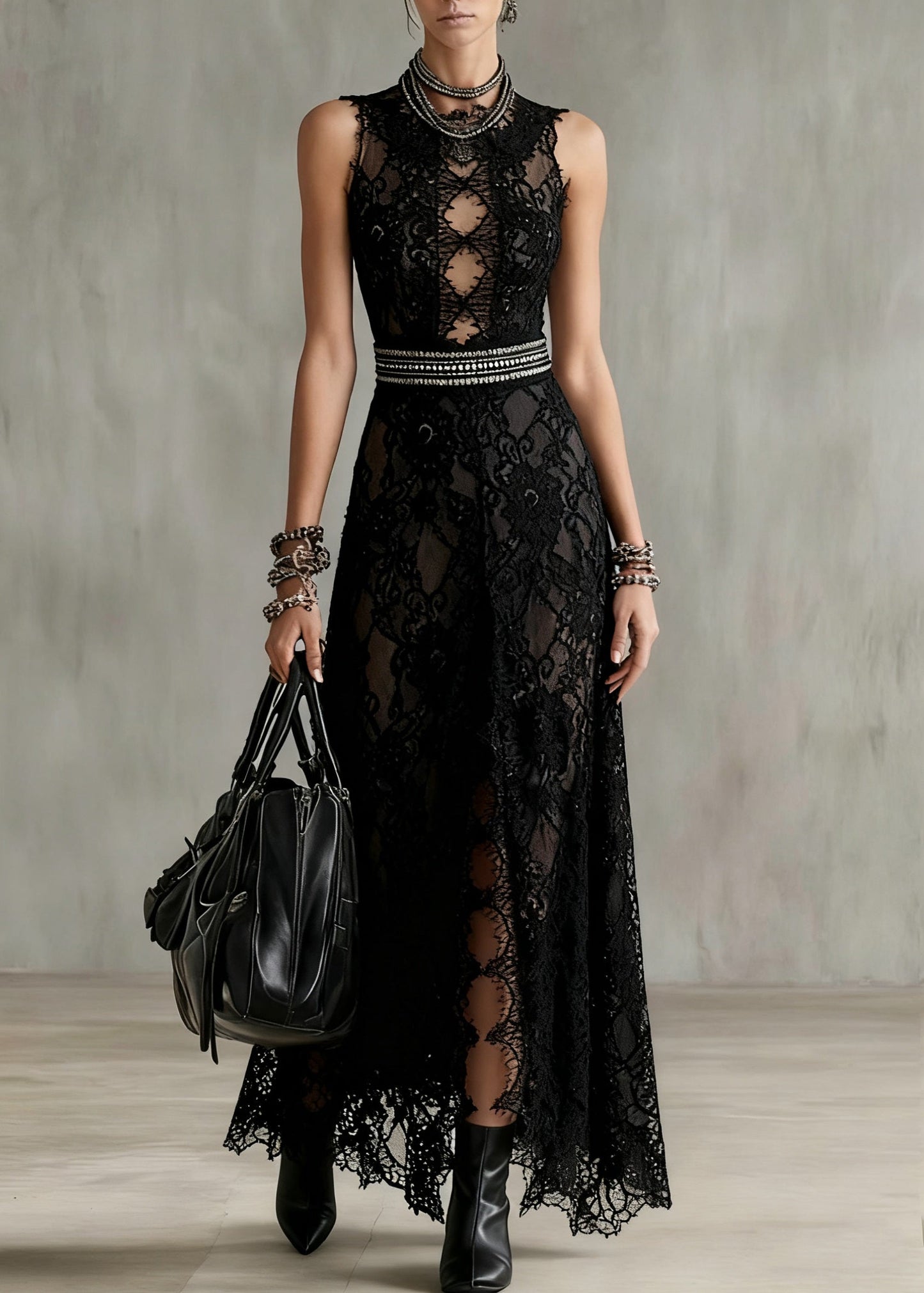 Black Hollow Out Side Open Lace Long Dresses Sleeveless