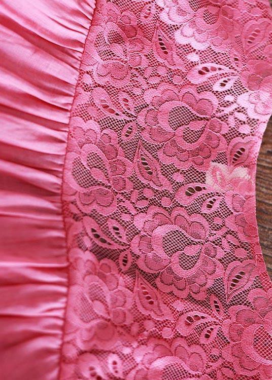 Rose Patchwork Lace Pockets Maxi Summer Linen Dress
