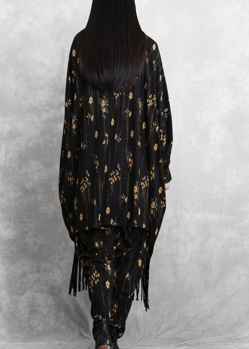 Black Print Mink Velvet Coat and Wide Leg Pants Two Pieces Set Fall