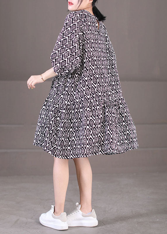 Black Puff Sleeve Plaid Print Patchwork Cotton a Line Dress Summer